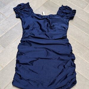 Lucy in the Sky Navy Ruched Mini Dress with Puff Sleeves